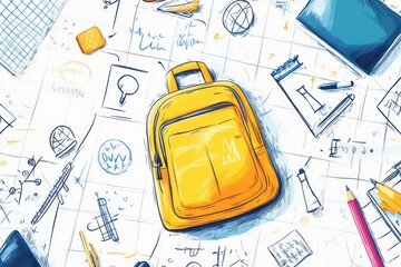 Banner poster for online school yellow backpack on checkered paper background with various science icons in doodle style back to school illustration