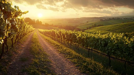 Naklejka premium A serene vineyard landscape at sunset, showcasing rows of grapevines and rolling hills.