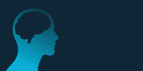 Human head silhouette with a brain, dark blue vector banner design