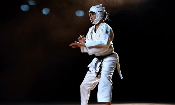 A young woman in a white karate uniform performs a martial arts technique with a protective headgear against a black background