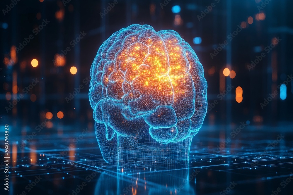 Poster a glowing digital brain rendered in neon blue showcasing intricate neural networks in a futuristic d