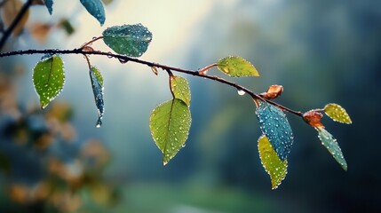  A branch, with leaves and water droplets, closely framed against a blue backdrop