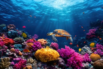 Fototapeta premium A sea turtle gracefully swims above a diverse and colorful coral reef, bathing in rays of sunlight penetrating the clear blue waters of the ocean.