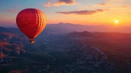Obraz premium air balloon flying over a mountain range at sunset