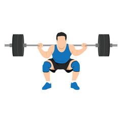 Man doing squats with barbell on neck back. Flat vector illustration isolated on white background