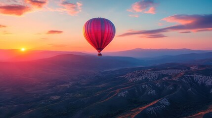 Obraz premium air balloon flying over a mountain range at sunset