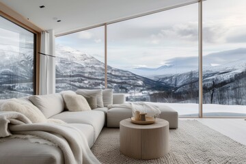 Scandinavian retreat, warm and inviting living room nestled in a mountain home, expansive windows showcasing breathtaking mountain views, soft textiles and rustic decor enhance comfort.