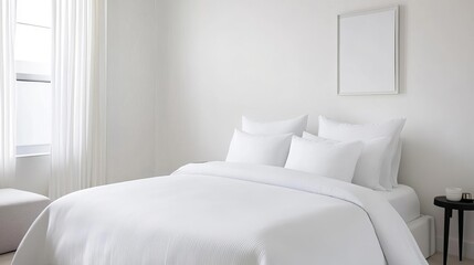 Fototapeta premium Minimal bedroom with a white color scheme and a few carefully chosen decor items, elegant simplicity, focus on comfort