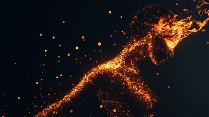 Fototapeta premium Double exposure of a dancer with fire, digital glitches, distorted text Dance with Flames, intense contrasts