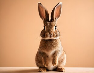 Fototapeta premium Curious rabbit sitting upright on a wooden surface against a soft beige background in indoor setting