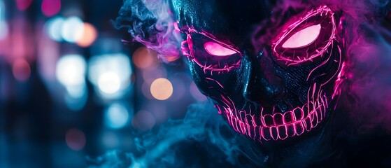 Neon Colored Halloween Mask with Holographic Designs in a Surreal Dystopian Setting  The image depicts a haunting otherworldly mask with a striking futuristic aesthetic set against a backdrop of dark