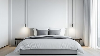 Fototapeta premium Minimal bedroom with clean lines and a soft, muted color palette, calm and serene, modern design