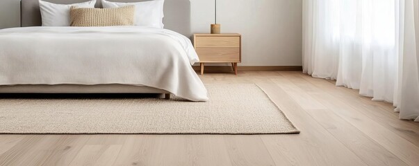 Minimal bedroom with light wood flooring and a simple rug, natural tones, modern comfort
