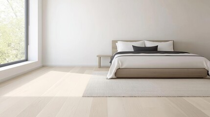 Minimal bedroom with light wood flooring and a simple rug, natural tones, modern comfort