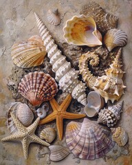 Seashells Composition Featuring Common Mollusks, Bivalves, Starfish, and Seahorse