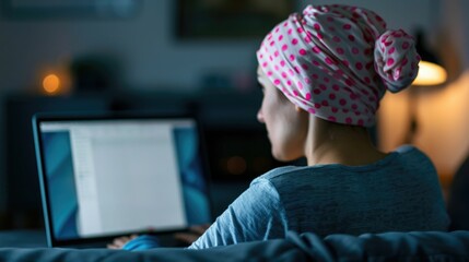 Portrait of a woman wearing a headscarf video calling her loved ones for emotional support during her cancer treatment