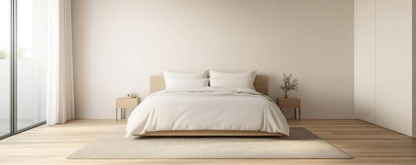 Minimal bedroom with light wood flooring and a simple rug, natural tones, modern comfort