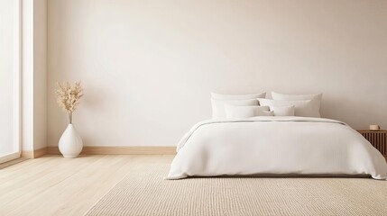 Minimal bedroom with light wood flooring and a simple rug, natural tones, modern comfort