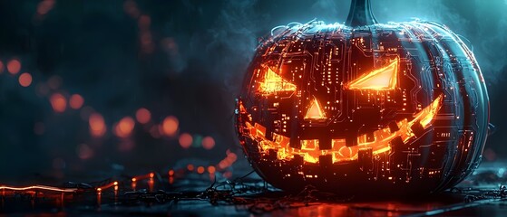 Glowing jack o  lantern with a twist featuring neon wires and circuits in a photography concept with copy space for text overlay