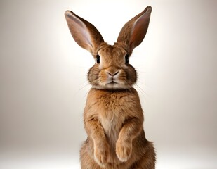 Obraz premium Curious rabbit sitting upright on a wooden surface against a soft beige background in indoor setting