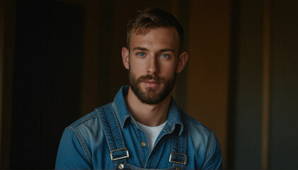 Obraz premium Portrait of a young man with a beard in a denim shirt against a wooden wall.