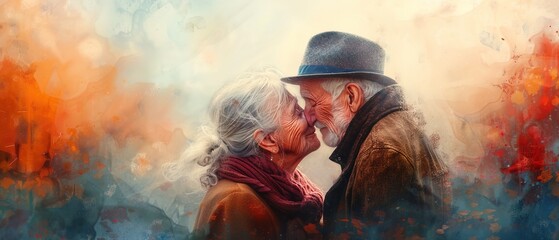 Naklejka premium Affectionate elderly couple shares a heartfelt kiss amidst a soft background 