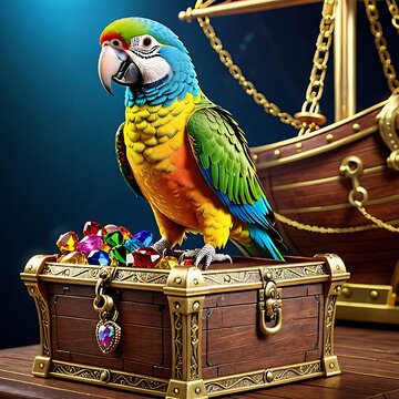 Pirate Parrot's Treasure: A vibrant blue and green parrot perches atop a treasure chest overflowing with sparkling gems, a majestic pirate ship sailing in the background. The scene evokes a sense of a