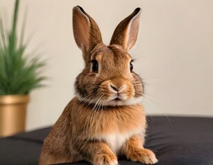 Obraz premium Curious rabbit sitting upright on a wooden surface against a soft beige background in indoor setting