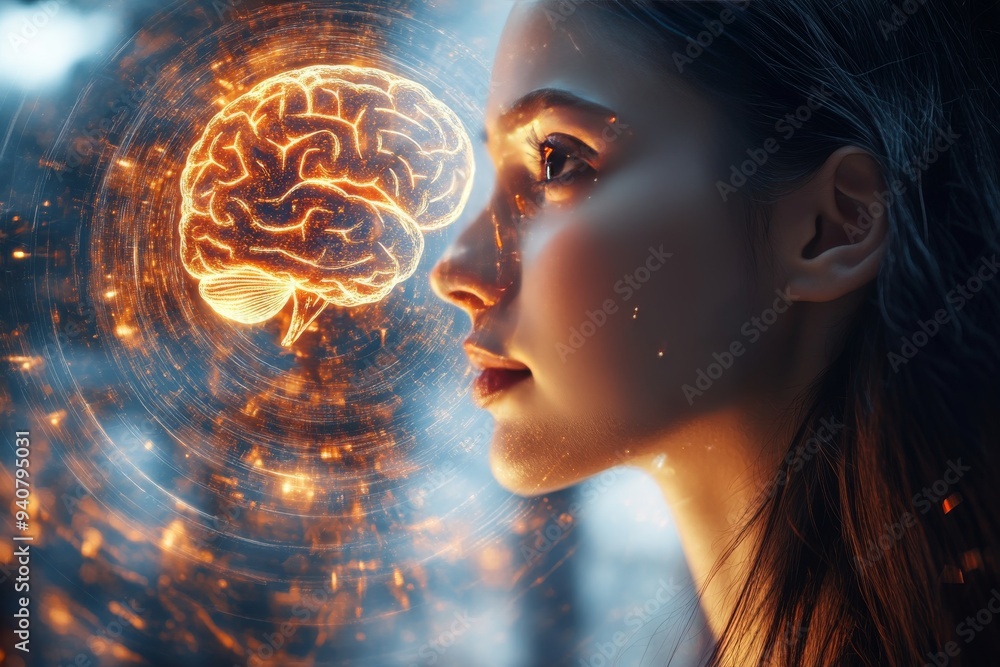 Poster a glowing brain connecting with a futuristic holographic interface symbolizing the synergy between h