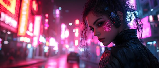 A futuristic witch with cybernetic enhancements casting spells in a neon lit city on Halloween  The image has a photography concept with a moody cinematic atmosphere and vibrant color palette