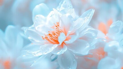 Fototapeta premium A tight shot of a white and orange bloom, adorned with droplets on its saturated petals, reveals the center