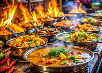 Fototapeta premium Thai market, steaming yellow curry, succulent chicken, exotic spices, lively global adventure, stimulating exploration, mouthwatering anticipation.