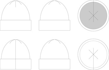 Editable vector technical fashion sketch for a beanie hat for apparel design, tech packs, and fashion production. Front, back, side, top and bottom view.