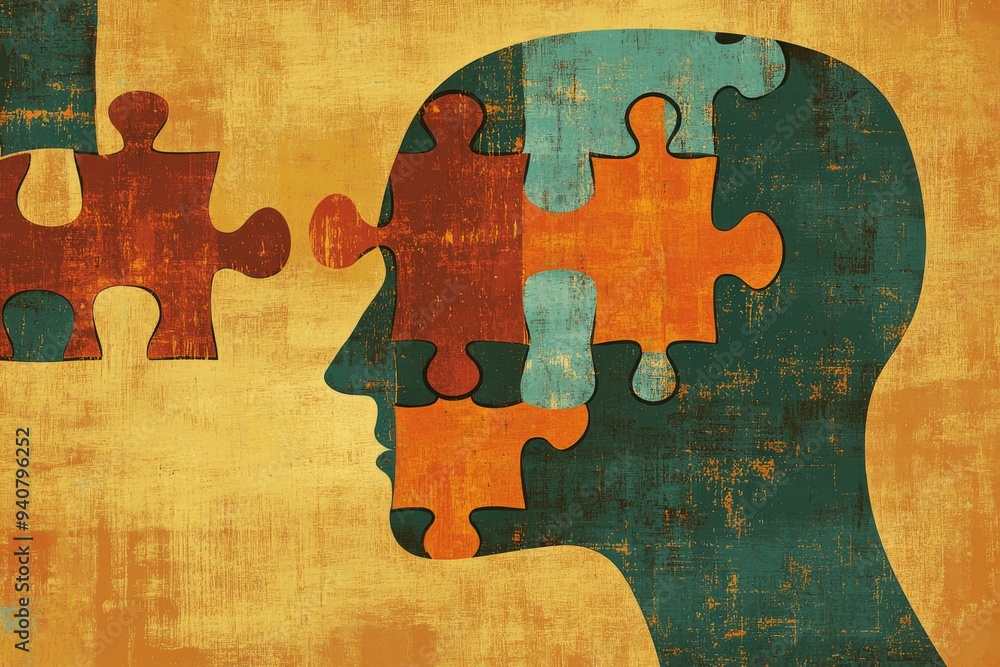 Poster conceptual illustration of two human profiles with puzzle pieces representing mental health cognitiv