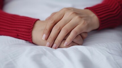 Heartfelt Moment of Comfort and Connection A Woman in a Hospital Bed Grasping the Hand of a Loved One Seeking Emotional Support and Solace During a Time of Illness and Uncertainty