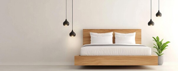 Minimalist bedroom with a floating bed and pendant lights, modern design, airy space