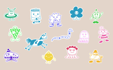 Fototapeta premium The icon set of the children's characters for books, coloring, games, clothes, advertising in the hand drawing style