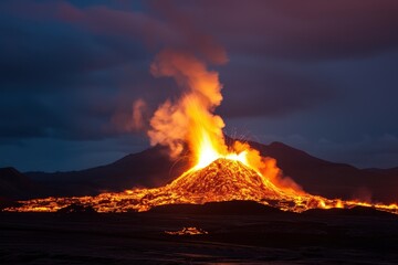 Erupting Inferno, a towering volcano spewing molten lava with fiery flames illuminating the dark sky, surrounded by rugged terrain and ominous smoke swirling above.