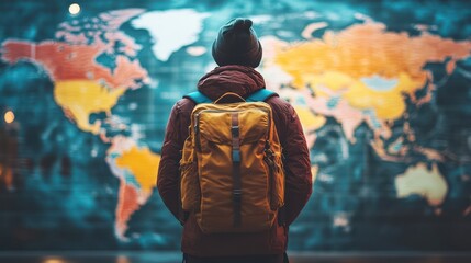 A traveller with backpack front of world map background