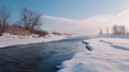 Winter River Serenity, captivating river scene adorned with glistening ice and snow, tranquil flow of water, seamless looping time-lapse animation, evokes peaceful winter ambiance.