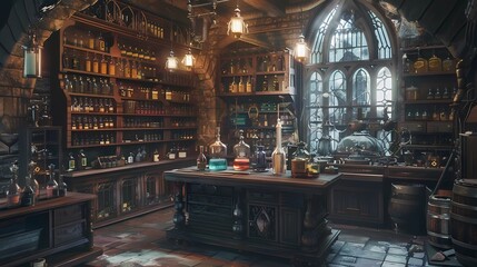 An interior view wide establishing shot of a crazy excentric victorian inspired fantasy magic potions shop alchemy workshop, Generative AI illustrations.
