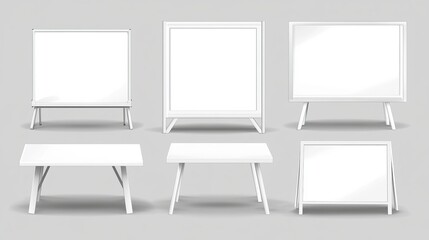 Realistic advertising stands in multiple angles with blank signboards. Clean, empty promo tables with white mockups. Vector isolated set for promotional purposes.