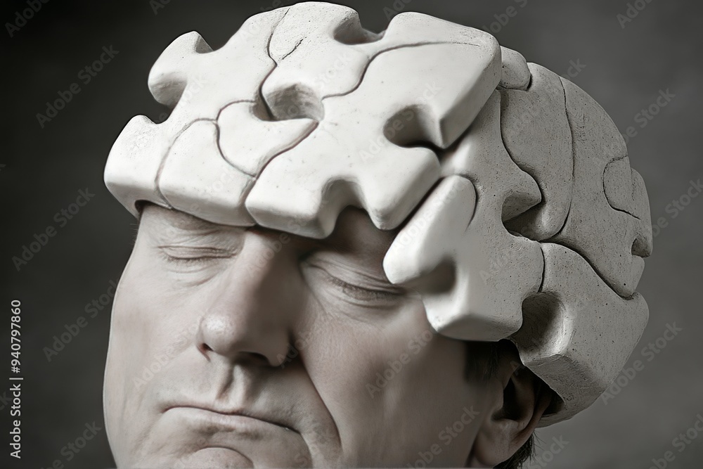 Poster sculpture of a man with a puzzle brain symbolizing mental fatigue problem solving and the challenges