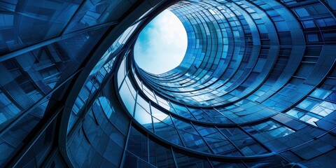 An abstract view of twisting glass architecture reflecting blue tones in an urban landscape under a cloudy sky