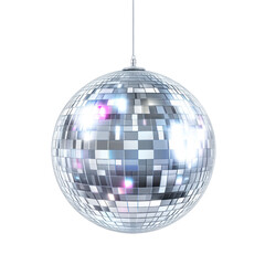 A shiny disco ball suspended against a black background isolated on transparency PNG background, reflecting colorful lights; ideal for party, dance event, or nightclub-themed promotions,