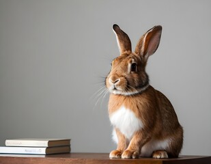 Obraz premium Curious rabbit sitting upright on a wooden surface against a soft beige background in indoor setting