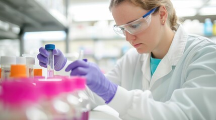 Female scientist working diligently in a lab closely examining samples and data as part of ongoing cancer research and treatment development  The image conveys a sense of dedication innovation