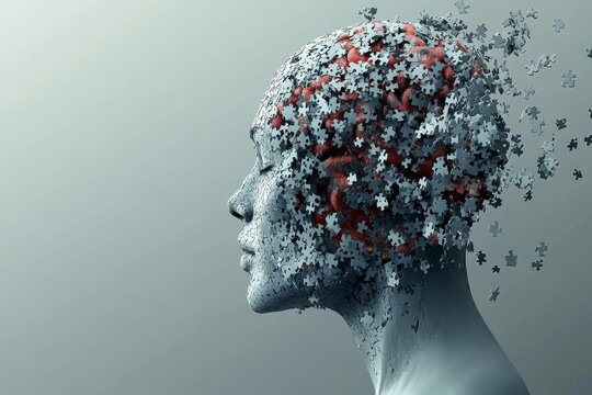 Abstract head exploding into particles representing mental disintegration stress and the overwhelming pressures of modern life in a chaotic yet captivating visual style