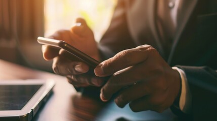 Obraz premium Professional businessperson using smartphone at modern desk with blurred screen close-up, hands in business attire, bright and high-definition image.