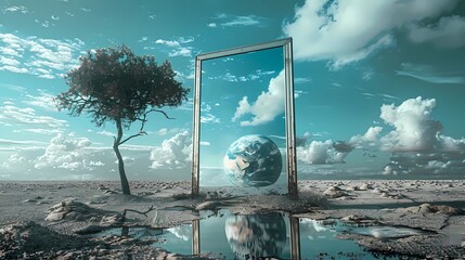 Conceptual of a mirror reflecting the sky and earth in the center of the scene, surreal, futuristic, minimalist, the mirror shows an alternate reality where the sky is filled, Generative AI 